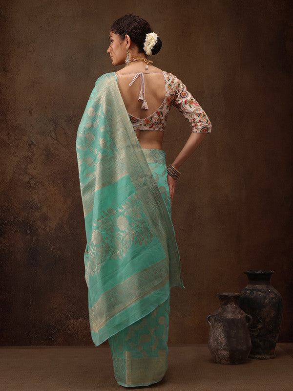 Turquoise Cotton Woven Zari Design Floral Saree with Unstitched Blouse - Hiral Fashion - Distacart