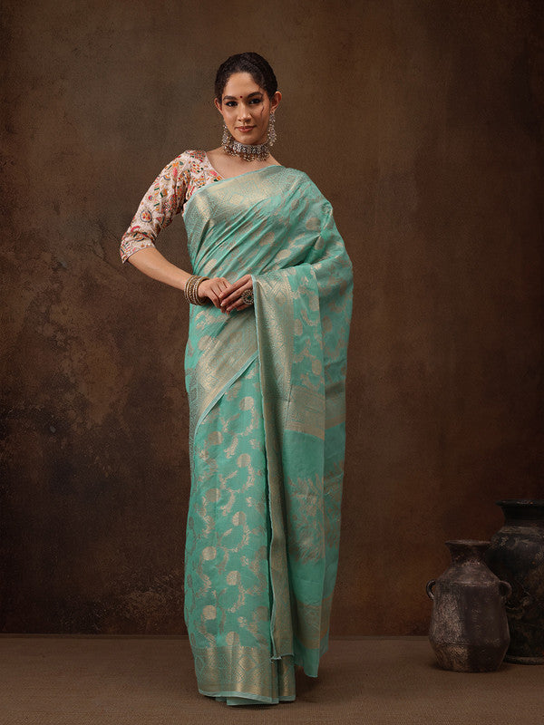Turquoise Cotton Woven Zari Design Floral Saree with Unstitched Blouse - Hiral Fashion - Distacart