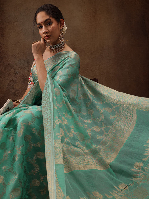 Turquoise Cotton Woven Zari Design Floral Saree with Unstitched Blouse - Hiral Fashion - Distacart