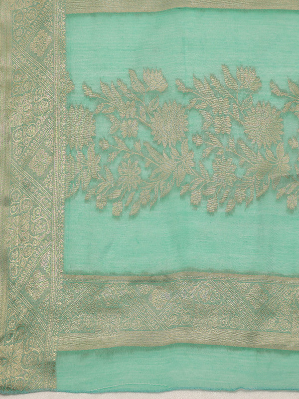 Turquoise Cotton Woven Zari Design Floral Saree with Unstitched Blouse - Hiral Fashion - Distacart
