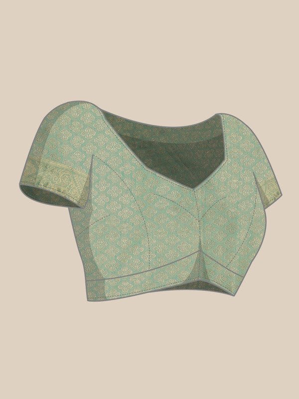 Turquoise Cotton Woven Zari Design Floral Saree with Unstitched Blouse - Hiral Fashion - Distacart
