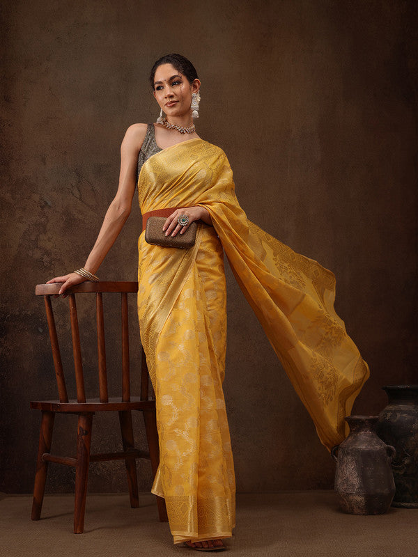 Yellow Cotton Woven Zari Design Floral Saree with Unstitched Blouse - Hiral Fashion - Distacart