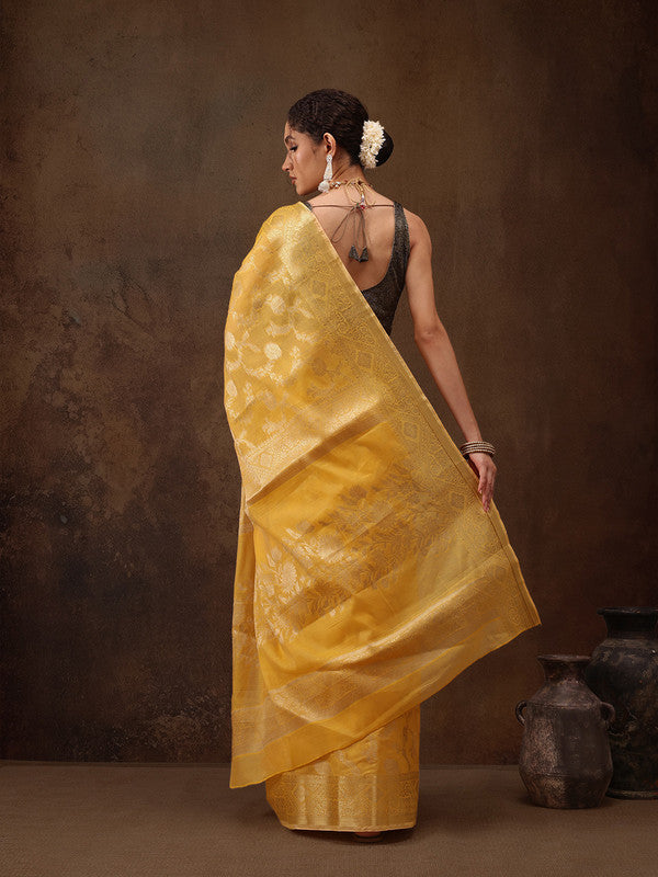 Yellow Cotton Woven Zari Design Floral Saree with Unstitched Blouse - Hiral Fashion - Distacart