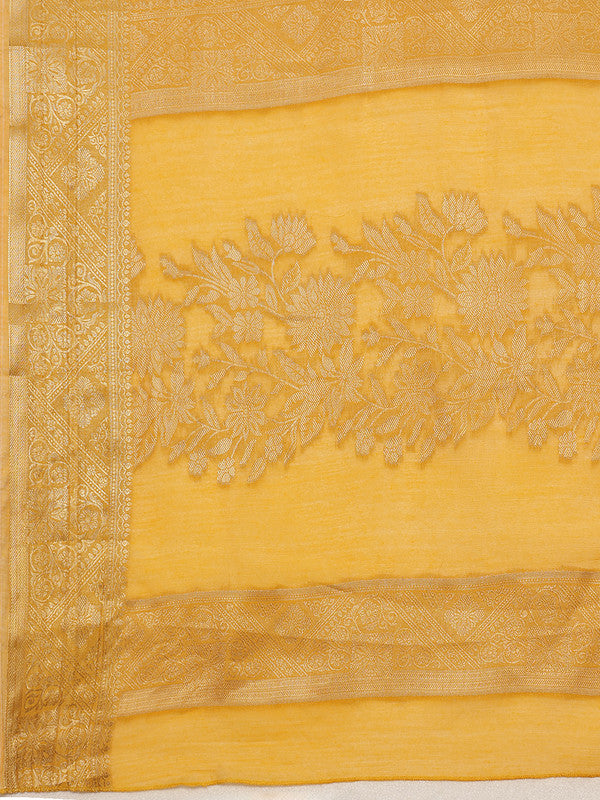 Yellow Cotton Woven Zari Design Floral Saree with Unstitched Blouse - Hiral Fashion - Distacart