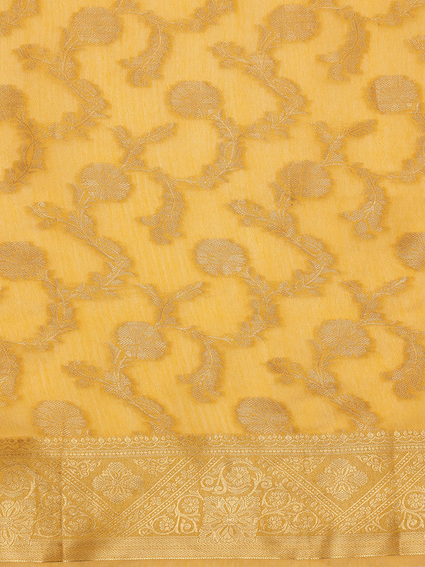 Yellow Cotton Woven Zari Design Floral Saree with Unstitched Blouse - Hiral Fashion - Distacart