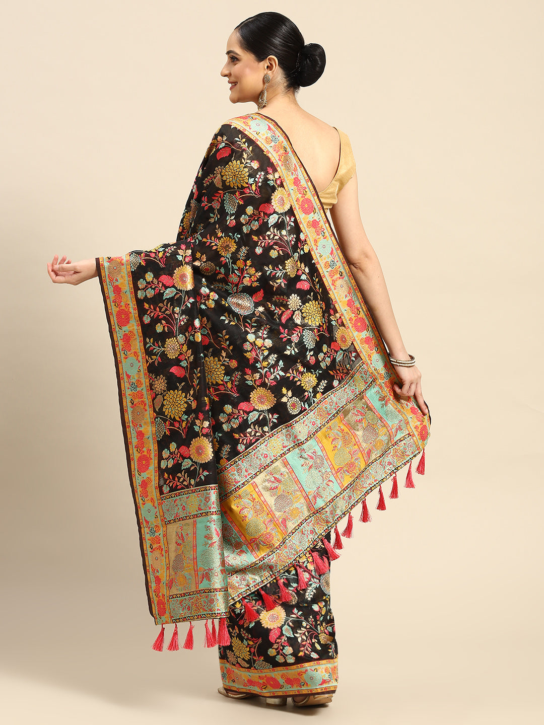 Black Cotton Blend Woven Thread Floral Saree with Unstitched Blouse - Hiral Fashion - Distacart