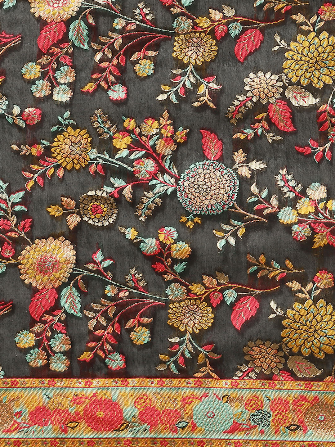 Black Cotton Blend Woven Thread Floral Saree with Unstitched Blouse - Hiral Fashion - Distacart