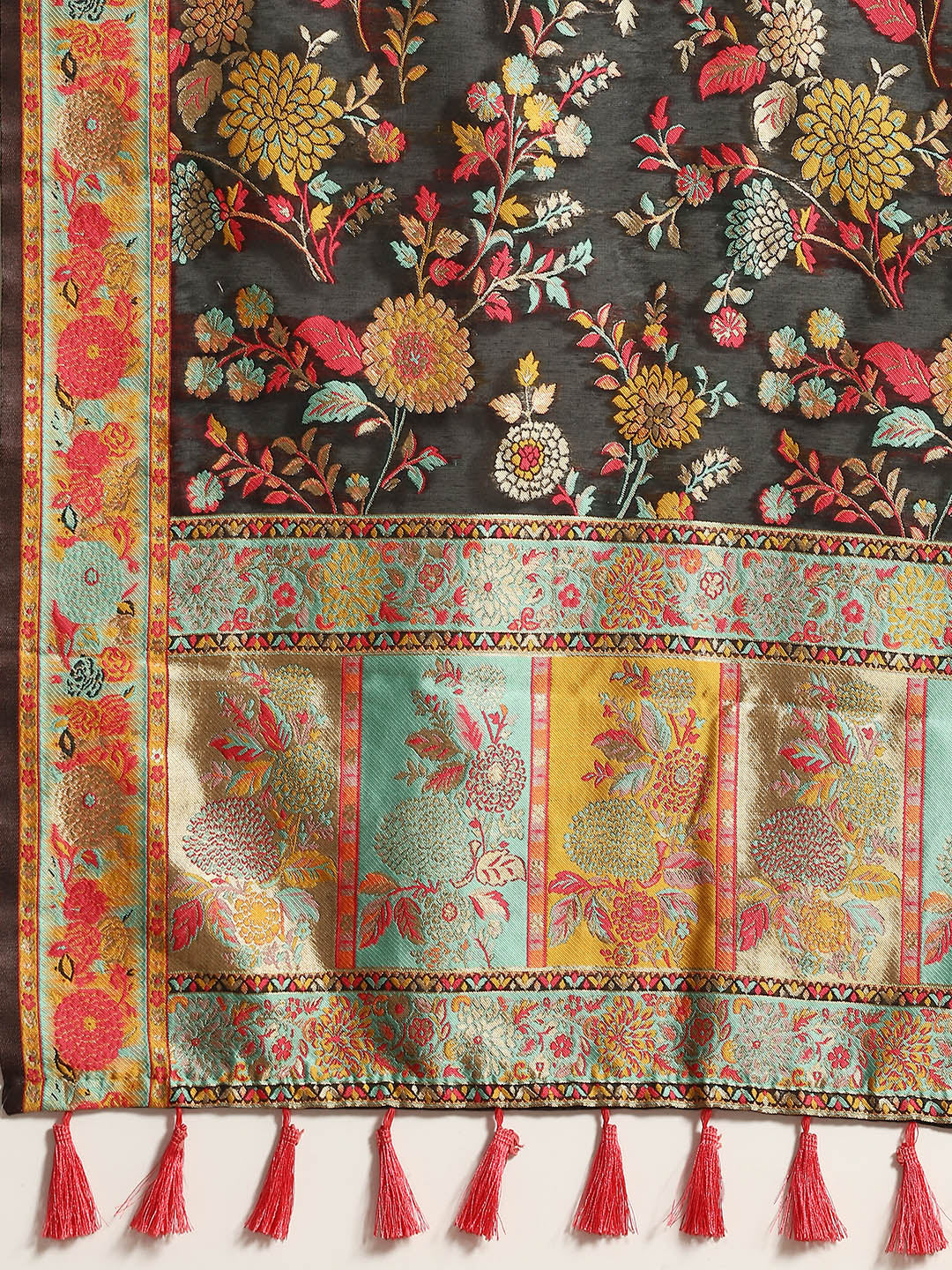 Black Cotton Blend Woven Thread Floral Saree with Unstitched Blouse - Hiral Fashion - Distacart