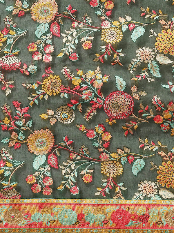 Green Cotton Blend Woven Thread Floral Saree with Unstitched Blouse - Hiral Fashion - Distacart