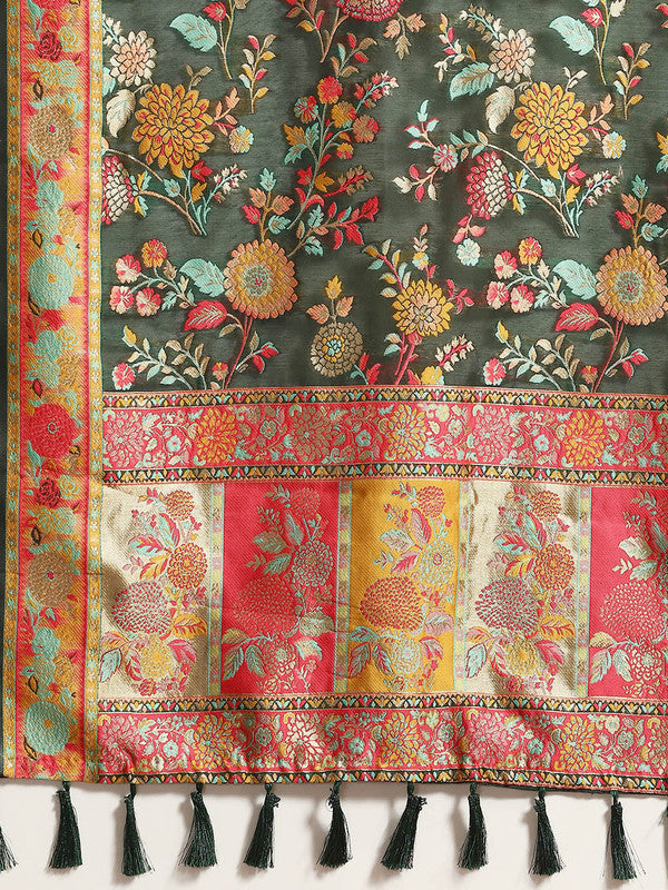 Green Cotton Blend Woven Thread Floral Saree with Unstitched Blouse - Hiral Fashion - Distacart