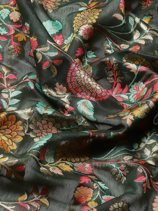 Green Cotton Blend Woven Thread Floral Saree with Unstitched Blouse - Hiral Fashion - Distacart