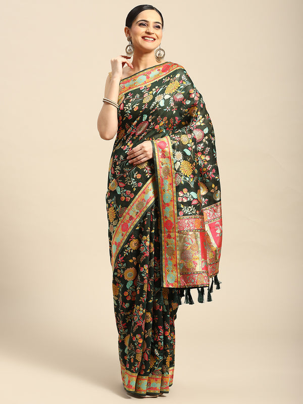 Green Cotton Blend Woven Thread Floral Saree with Unstitched Blouse - Hiral Fashion - Distacart