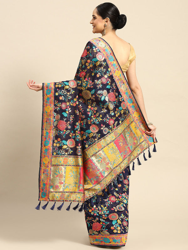 Navy Blue Cotton Blend Woven Thread Floral Saree with Unstitched Blouse - Hiral Fashion - Distacart
