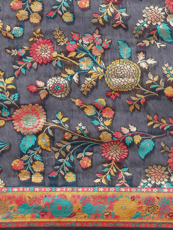 Navy Blue Cotton Blend Woven Thread Floral Saree with Unstitched Blouse - Hiral Fashion - Distacart