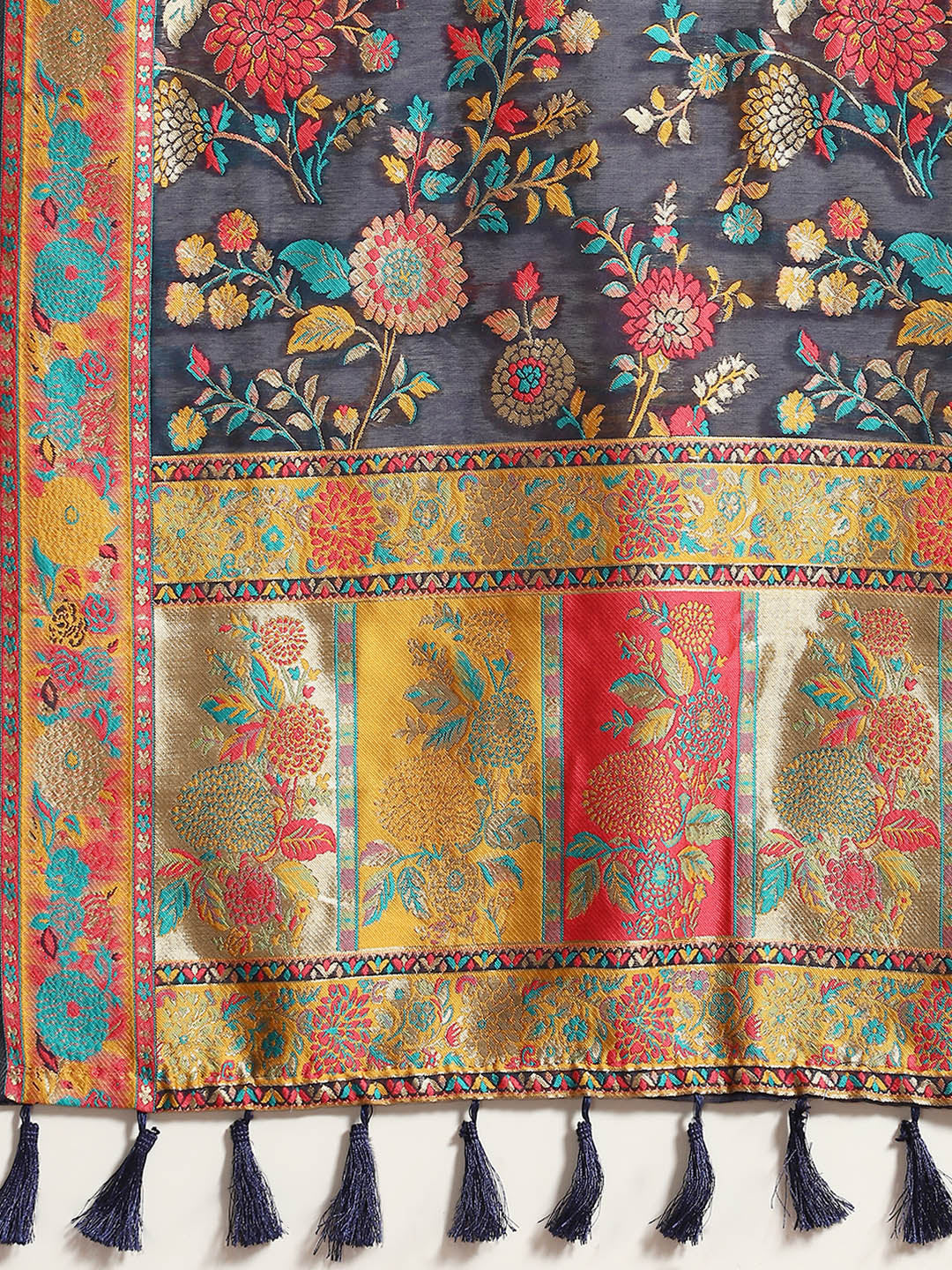 Navy Blue Cotton Blend Woven Thread Floral Saree with Unstitched Blouse - Hiral Fashion - Distacart