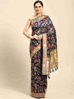Thumbnail for Navy Blue Cotton Blend Woven Thread Floral Saree with Unstitched Blouse - Hiral Fashion - Distacart
