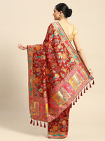 Thumbnail for Red Cotton Blend Woven Thread Floral Saree with Unstitched Blouse - Hiral Fashion - Distacart