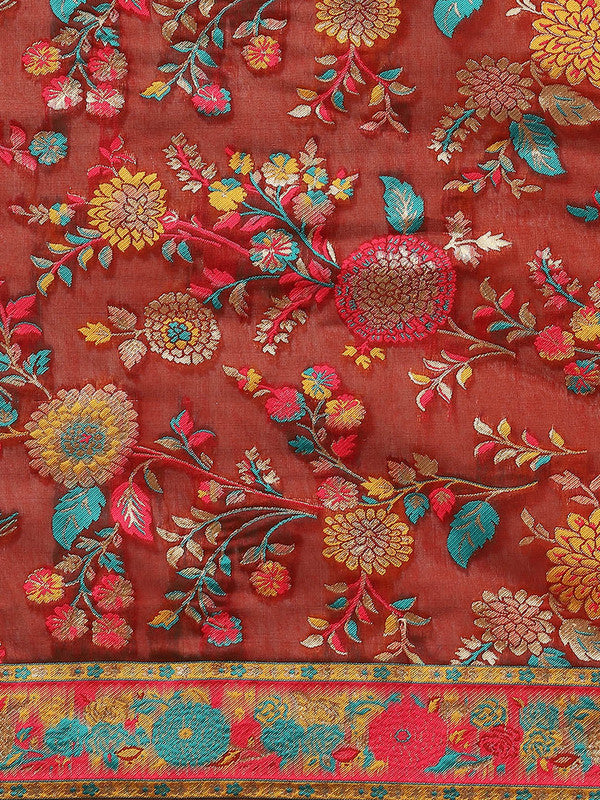 Red Cotton Blend Woven Thread Floral Saree with Unstitched Blouse - Hiral Fashion - Distacart
