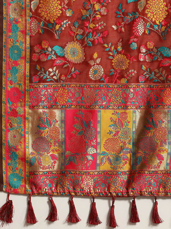 Red Cotton Blend Woven Thread Floral Saree with Unstitched Blouse - Hiral Fashion - Distacart