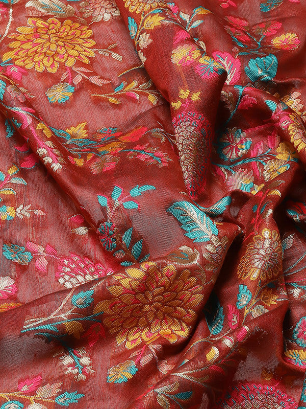 Red Cotton Blend Woven Thread Floral Saree with Unstitched Blouse - Hiral Fashion - Distacart