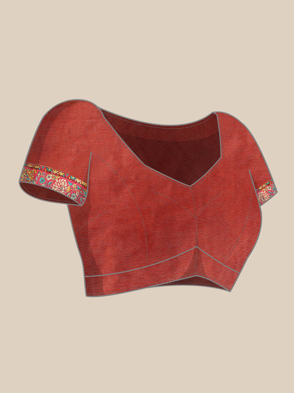 Red Cotton Blend Woven Thread Floral Saree with Unstitched Blouse - Hiral Fashion - Distacart