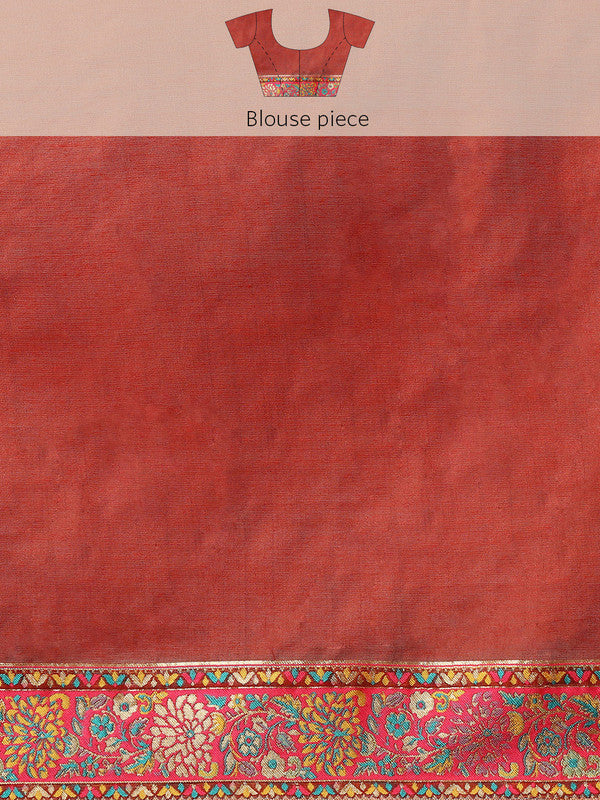 Red Cotton Blend Woven Thread Floral Saree with Unstitched Blouse - Hiral Fashion - Distacart
