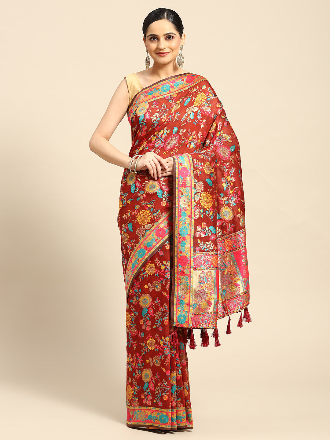 Red Cotton Blend Woven Thread Floral Saree with Unstitched Blouse - Hiral Fashion - Distacart