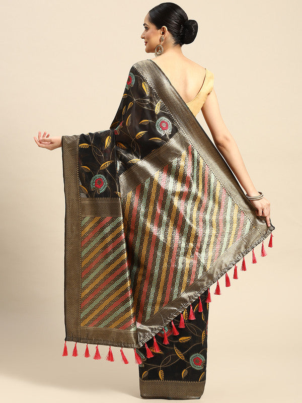 Black Cotton Blend Woven Thread Floral Saree with Unstitched Blouse - Hiral Fashion - Distacart