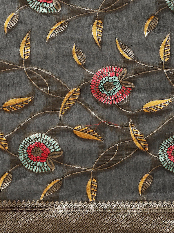 Black Cotton Blend Woven Thread Floral Saree with Unstitched Blouse - Hiral Fashion - Distacart