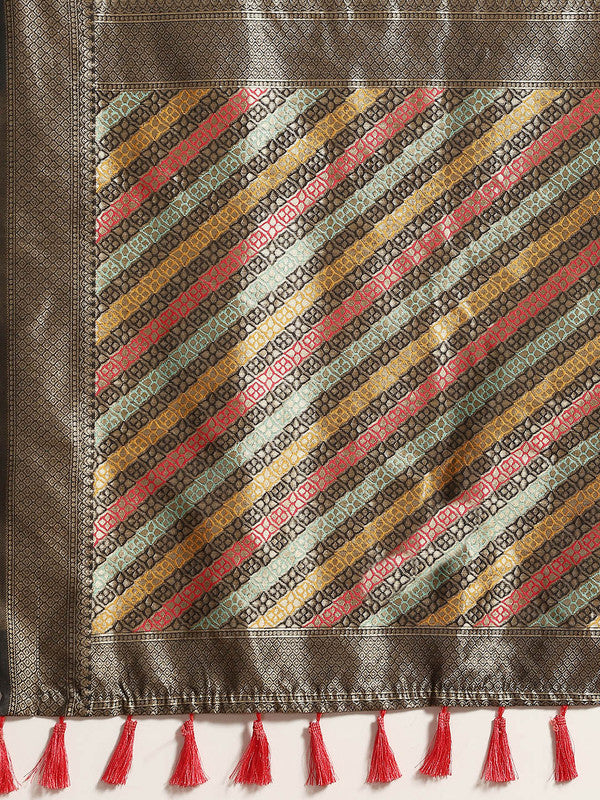 Black Cotton Blend Woven Thread Floral Saree with Unstitched Blouse - Hiral Fashion - Distacart