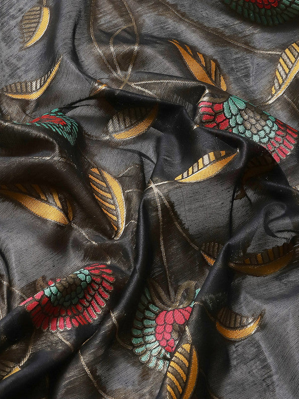 Black Cotton Blend Woven Thread Floral Saree with Unstitched Blouse - Hiral Fashion - Distacart