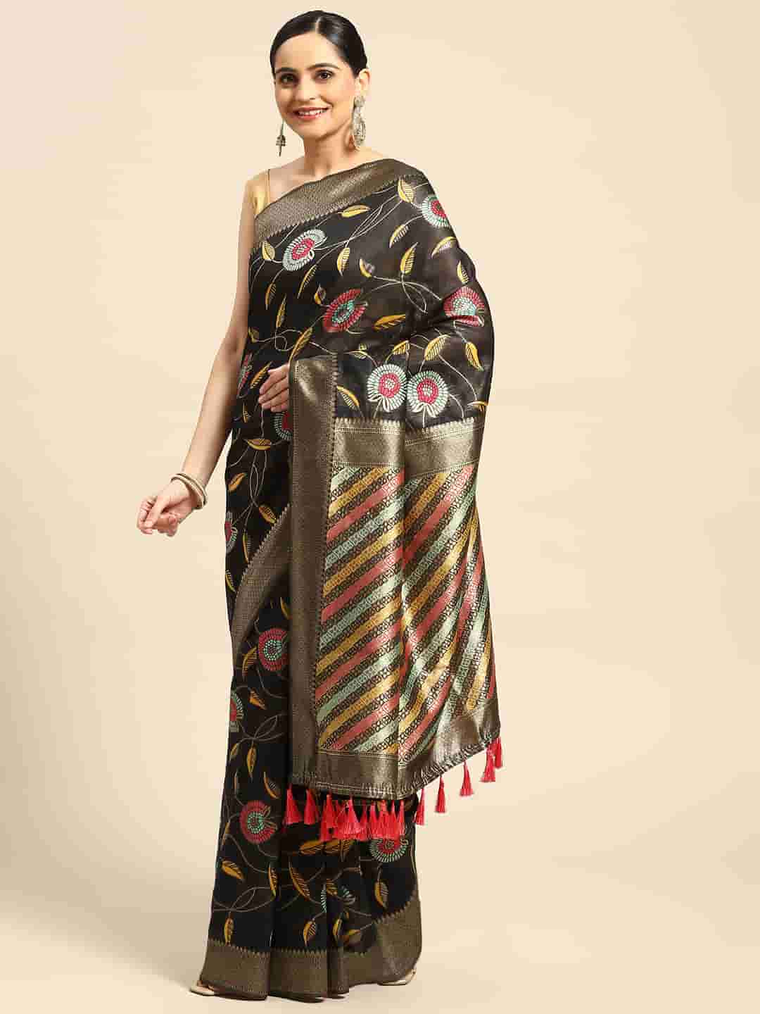 Black Cotton Blend Woven Thread Floral Saree with Unstitched Blouse - Hiral Fashion - Distacart