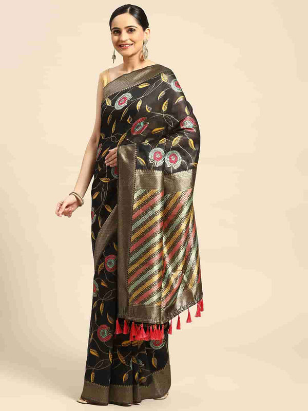 Black Cotton Blend Woven Thread Floral Saree with Unstitched Blouse - Hiral Fashion - Distacart