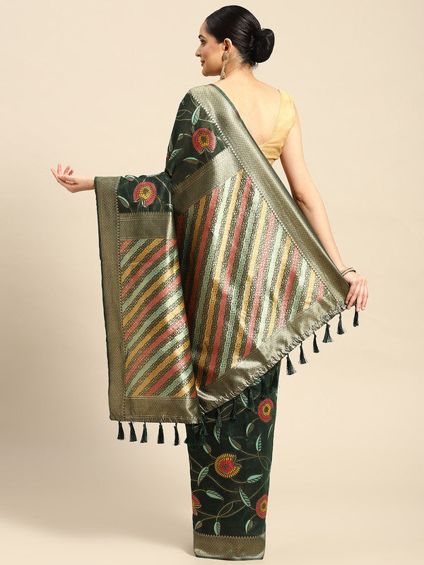 Green Cotton Blend Woven Thread Floral Saree with Unstitched Blouse - Hiral Fashion - Distacart