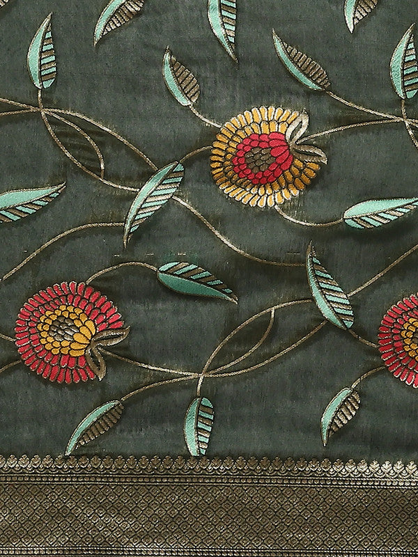 Green Cotton Blend Woven Thread Floral Saree with Unstitched Blouse - Hiral Fashion - Distacart