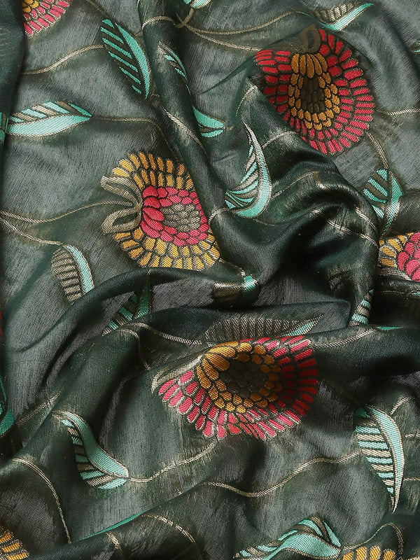 Green Cotton Blend Woven Thread Floral Saree with Unstitched Blouse - Hiral Fashion - Distacart