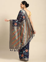 Thumbnail for Navy Blue Cotton Blend Woven Thread Floral Saree with Unstitched Blouse - Hiral Fashion - Distacart