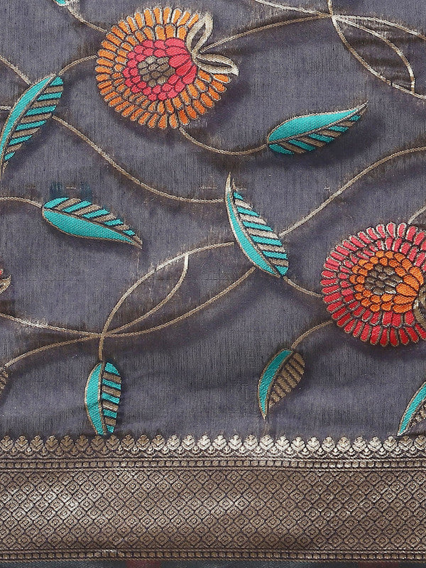 Navy Blue Cotton Blend Woven Thread Floral Saree with Unstitched Blouse - Hiral Fashion - Distacart