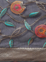 Thumbnail for Navy Blue Cotton Blend Woven Thread Floral Saree with Unstitched Blouse - Hiral Fashion - Distacart