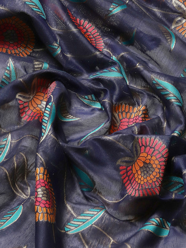 Navy Blue Cotton Blend Woven Thread Floral Saree with Unstitched Blouse - Hiral Fashion - Distacart