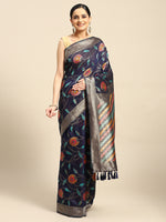 Thumbnail for Navy Blue Cotton Blend Woven Thread Floral Saree with Unstitched Blouse - Hiral Fashion - Distacart