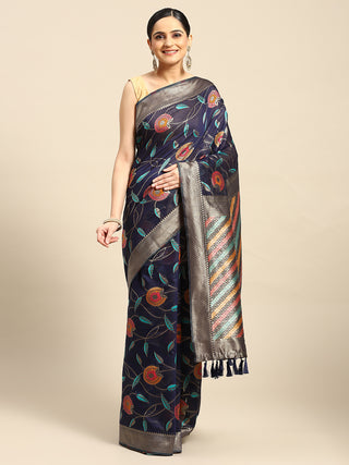 Navy Blue Cotton Blend Woven Thread Floral Saree with Unstitched Blouse - Hiral Fashion - Distacart