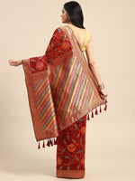 Thumbnail for Red Cotton Blend Woven Thread Floral Saree with Unstitched Blouse - Hiral Fashion - Distacart