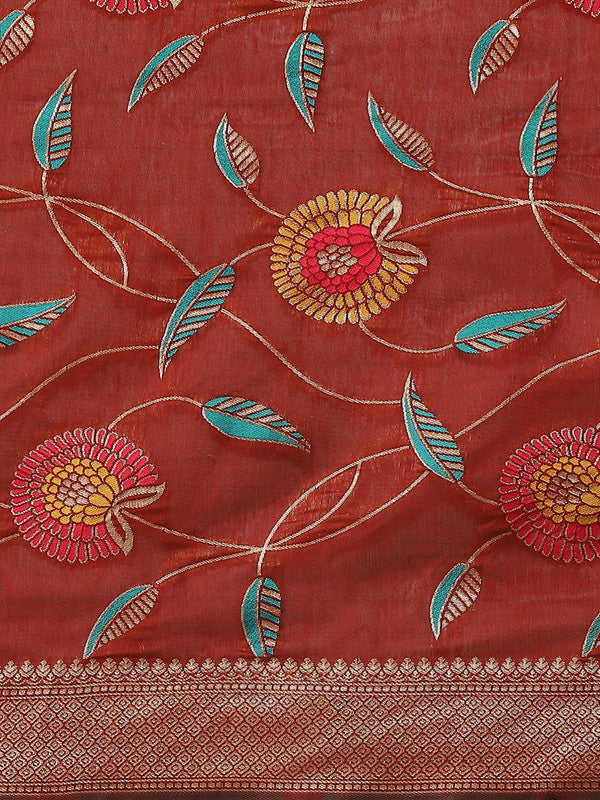 Red Cotton Blend Woven Thread Floral Saree with Unstitched Blouse - Hiral Fashion - Distacart