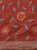 Thumbnail for Red Cotton Blend Woven Thread Floral Saree with Unstitched Blouse - Hiral Fashion - Distacart