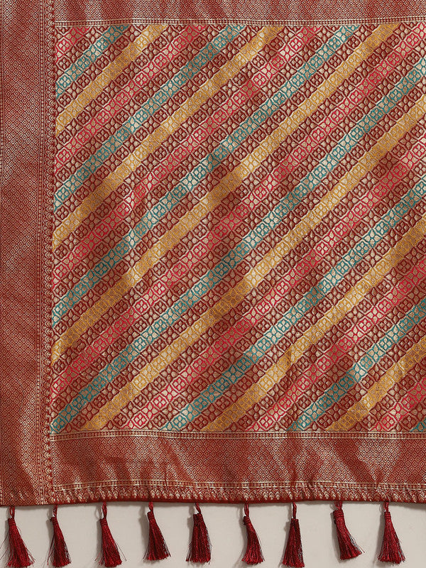 Red Cotton Blend Woven Thread Floral Saree with Unstitched Blouse - Hiral Fashion - Distacart