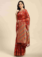 Thumbnail for Red Cotton Blend Woven Thread Floral Saree with Unstitched Blouse - Hiral Fashion - Distacart