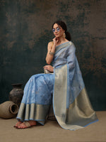 Thumbnail for Blue Kota Doria Embroidered Floral Saree with Unstitched Blouse - Hiral Fashion - Distacart