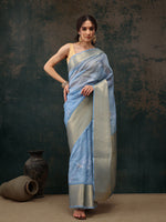 Thumbnail for Blue Kota Doria Embroidered Floral Saree with Unstitched Blouse - Hiral Fashion - Distacart