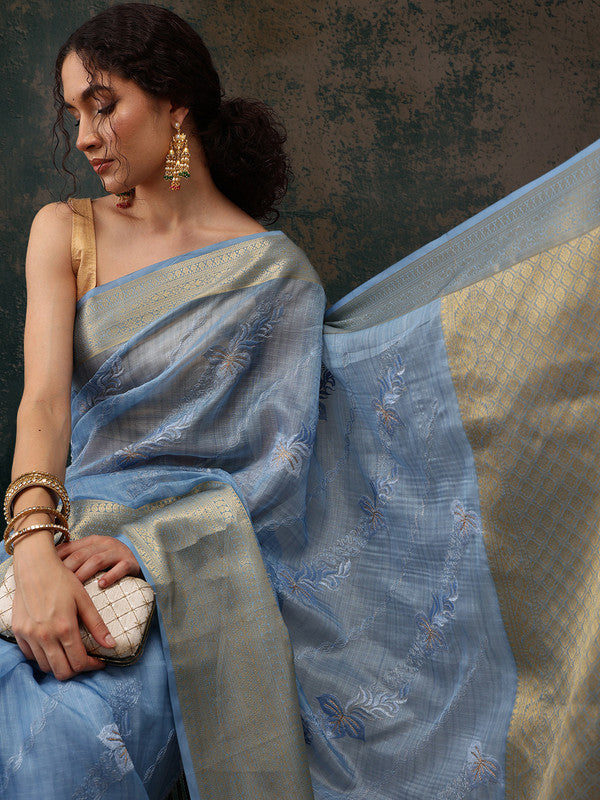 Blue Kota Doria Embroidered Floral Saree with Unstitched Blouse - Hiral Fashion - Distacart
